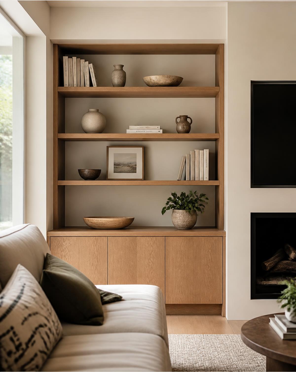 Bespoke oak alcove shelving unit built into a modern living room