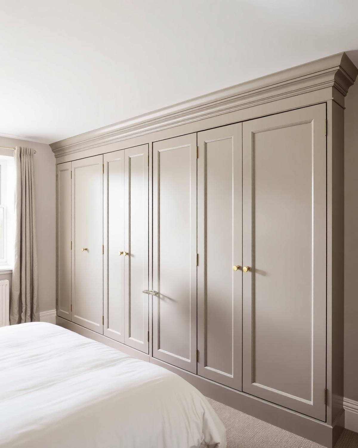 Bespoke fitted bedroom wardrobes in painted timber with brass handles