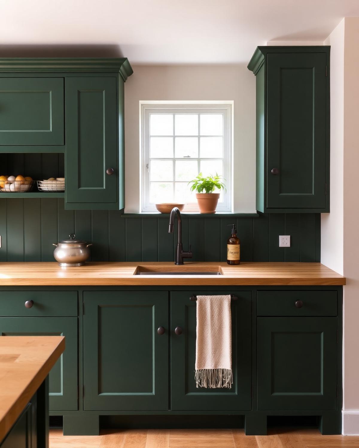 Bespoke deep green shaker kitchen with solid oak worktops